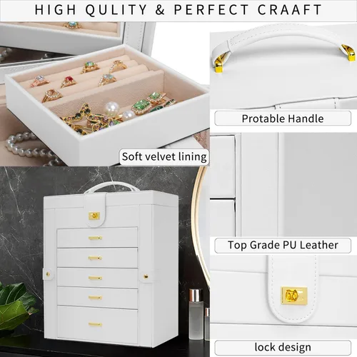 Vista 6 de AKOZLIN Joyero grande organizador funcional con cerradura con espejo grande, estuche de almacenamiento de joyas de cuero para mujeres y niñas