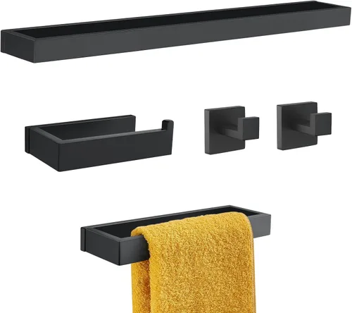 Vista 7 de Juego de 4 piezas de accesorios de hardware para baño, color negro, incluye toallero, soporte para toallas, gancho para bata, soporte para papel