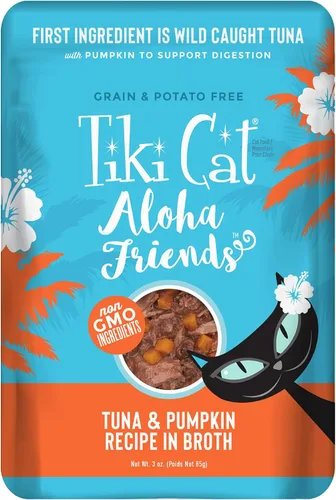 Vista 11 de Tiki Cat Aloha Friends, Atún, Calamares y Calabaza, sin granos y alta humedad, alimento húmedo para gatos para todas las etapas de la vida, bolsa