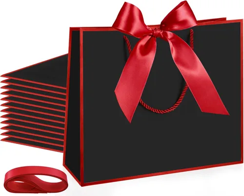 Vista 16 de Silkfly 12 bolsas de regalo con asas para dama de honor, 12 x 10 x 4 pulgadas, elegantes bolsas de regalo de bienvenida de boda con lazo para Negro