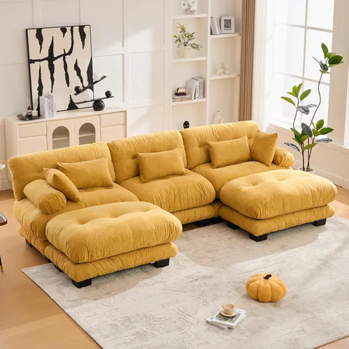 Vista 63 de Sofá modular en forma de U de 118 pulgadas con 2 otomanas, sofá de nube de terciopelo peletizado con almohadas de apoyabrazos de refuerzo, cómodo
