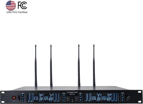 Vista 2 de Sound Town Sistema de micrófono inalámbrico UHF ajustable de 200 canales con receptor de metal, 4 micrófonos de mano y escaneo automático