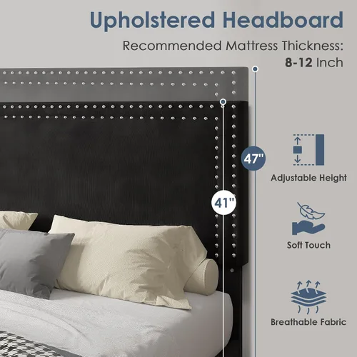 Vista 70 de VECELO Base de cama de plataforma de tamaño individual con cabecera tapizada de altura ajustable, base de colchón moderna, soporte de listones
