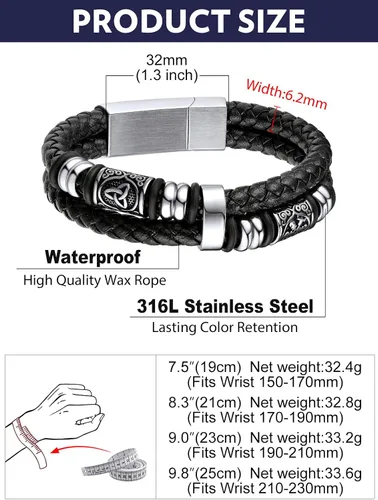 Vista 6 de Bandmax Pulseras de Puño de Cuerda de Cera Doble Negra para Hombres Impermeables de Acero Inoxidable Estilo Nórdico Nudo Celta Cuentas Pulsera