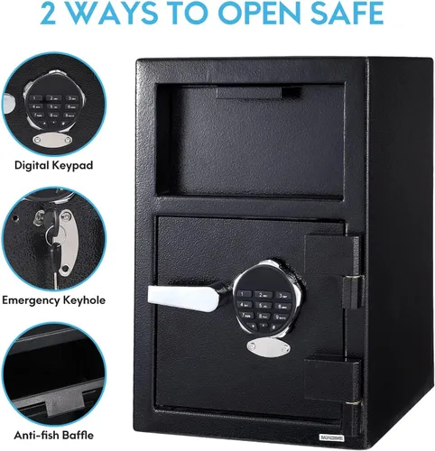Vista 2 de Caja de seguridad de acero con teclado electrónico, depósito digital, caja fuerte para el hogar con sistema de alarma, caja fuerte y caja