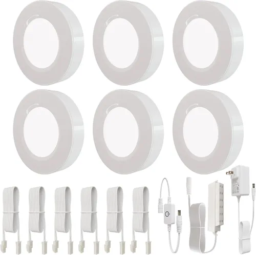 Vista 8 de Luces LED de disco con cable, regulables debajo del gabinete, carcasa de aluminio con interruptor táctil, paquete de 3 unidades de 9 W 3000 K blanco