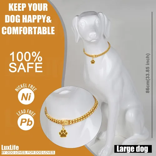 Vista 2 de Collares de Cadena de Perro de Oro LuxLife Collar de Perro de Oro 10mm Collar de Perro de Oro de Eslabones Cubanos de Acero Inoxidable Collar