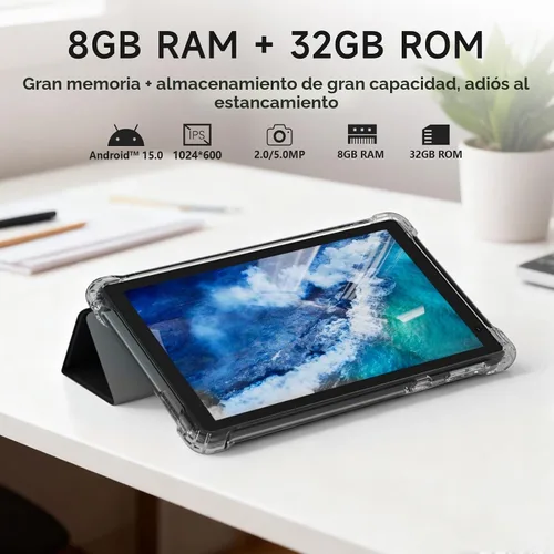 Vista 5 de PEICHENG Tableta con Estuche Protector, 7" IPS 1024 * 600 Android 15.0 Tab PC RAM 8GB (3+5 Expand) + ROM 32GB Bluetooth 5.0 WiFi 6 2.4G+5G 2MP+5MP
