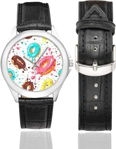 Vista 2 de Funny Cupcakes Ice Cream Donuts impermeable para mujer de acero inoxidable clásico correa de cuero, negro
