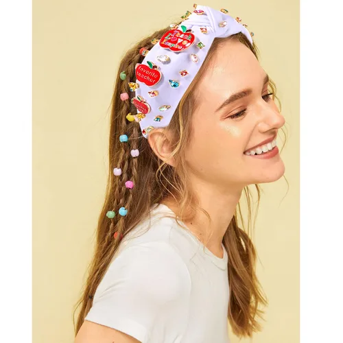 Vista 2 de Diademas para profesoras, diadema anudada con perlas de cristal para mujer, lindo libro para enseñar, adornado con nudo superior, regalos