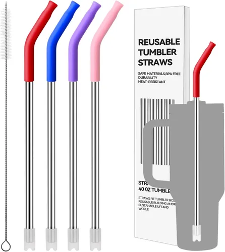 Vista 16 de 4 popotes de acero inoxidable reutilizables para vaso Yeti de 20 onzas, pajitas de metal con puntas de silicona para vaso Stanley de 20 onzas y vaso