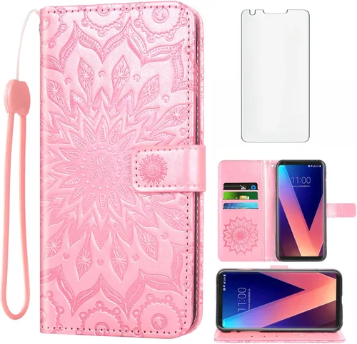 Vista 9 de Funda de teléfono para LG V35 ThinQ V30 Plus con protector de pantalla de vidrio templado y cubierta abatible de cuero, soporte para tarjetas