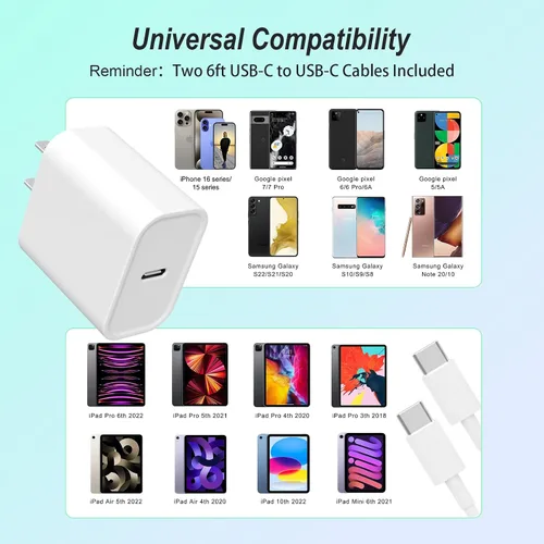 Vista 6 de Cargador para iPhone, paquete de 2 bloques de carga rápida USB C de 20 W con 2 cables USB-C a C de 6 pies para iPhone 17 16 15 Plus/Pro/Pro Max/iPad