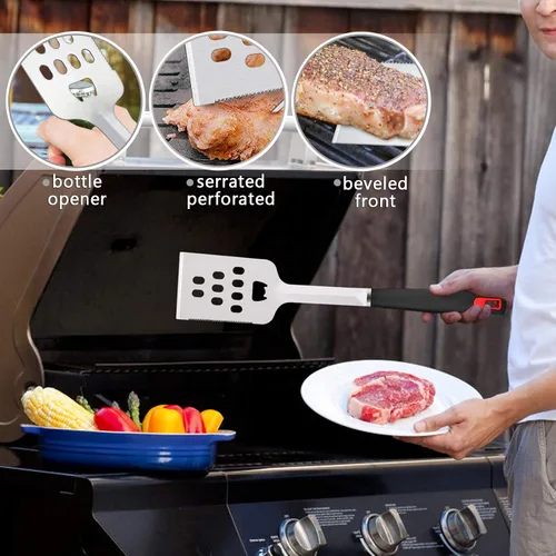 Vista 5 de HaSteeL Juego de 7 accesorios para parrilla de barbacoa, juego de herramientas de parrilla de acero inoxidable con bolsa de almacenamiento, espátula