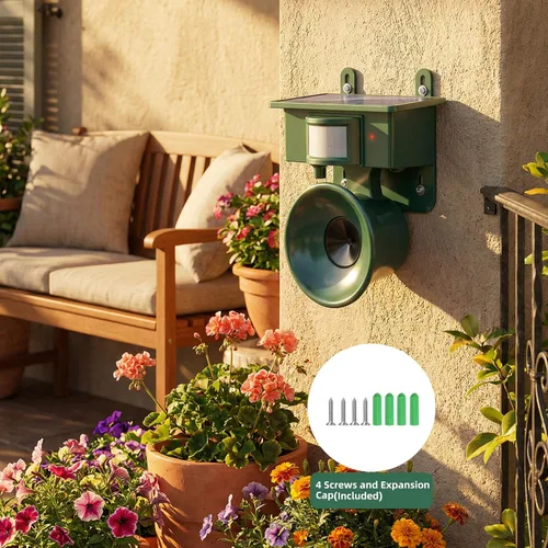 Vista 5 de Repelente ultrasónico de pájaros mejorado 2026 alimentado por energía solar IP65 activado por movimiento IP65 disuasorio para exteriores