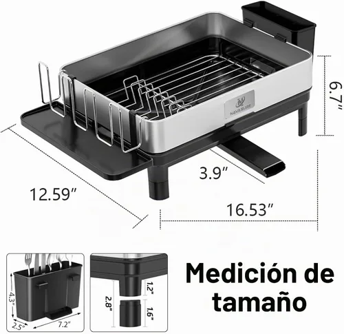 Vista 2 de Escurridor de platos Escurridor de platos de acero inoxidable para encimera de cocina, ahorro de espacio, escurridor de platos con drenaje