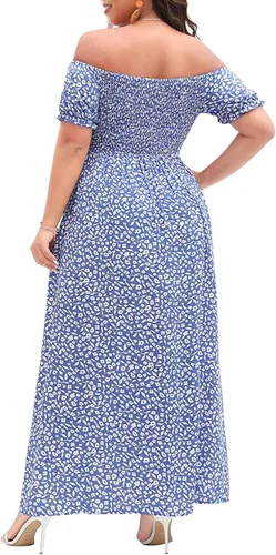 Vista 2 de Vestido bohemio para mujer, talla grande, estampado floral, hombros descubiertos, fruncido, dividido, vestido largo de verano