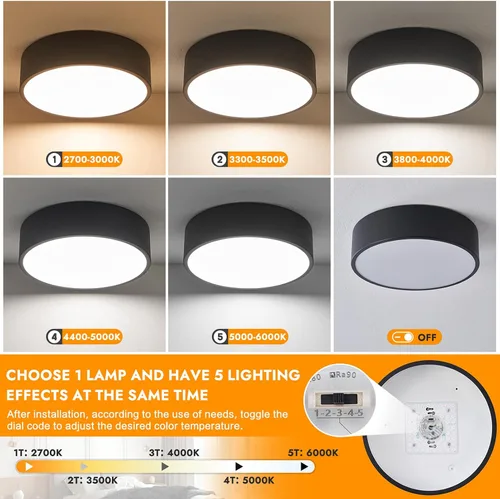 Vista 4 de Lámpara de techo de montaje empotrado regulable moderna, luces LED redondas de color negro mate, iluminación de 5CCT 2700K-6000K para cocina