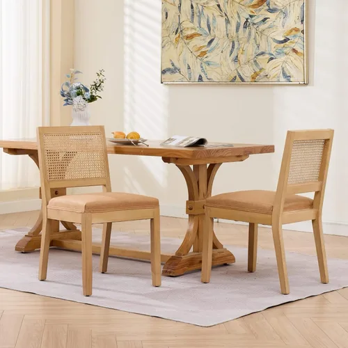 Vista 5 de French Country Dining Chairs Set of 2, Linen Upholstered Cane Back, Amber Soft linen upholstered seat with thick foam padding provides comfortable