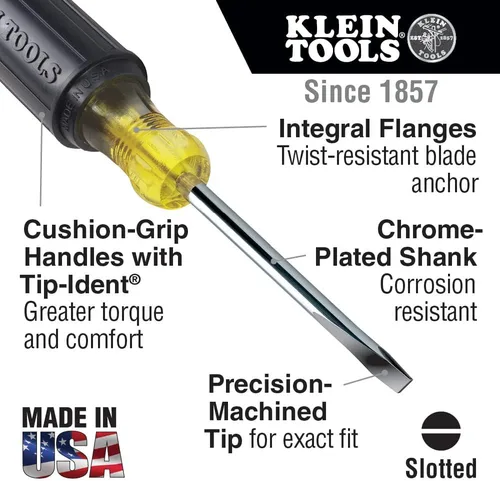 Vista 2 de Klein Tools 600-8 desarmador de cabeza plana con punta keystone de 3/8 pulgadas, mango cuadrado resistente de 8 pulgadas, negro