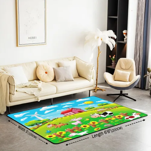 Vista 2 de Alfombra decorativa de 4 x 5 pies con diseño de cerdo y pollo y perro, alfombra de sala de estar de animales de granja para decoración rústica