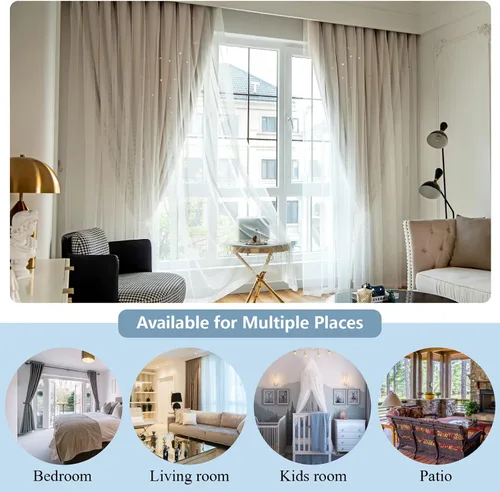 Vista 7 de Loyala Cortinas opacas de doble capa con diseño de estrellas para dormitorio de niños, bonitas, 63 pulgadas de largo, juego de 2 paneles, beige, 42