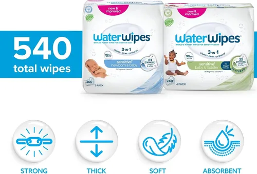 Vista 2 de WaterWipes Paquete de 300 unidades originales (5 paquetes) y toallitas limpias texturizadas, 240 unidades (4 paquetes), sin plástico, 99.9%