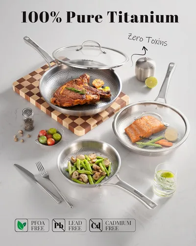 Vista 2 de Sartén de titanio, sartén profesional martillada de titanio puro de 12 pulgadas con tapa, sartén no tóxica para cocinar, utensilios de cocina sin