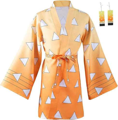 Vista 3 de Duwseal Agatsuma Zenitsu - Conjunto de bata para cosplay kimono chaqueta y aretes