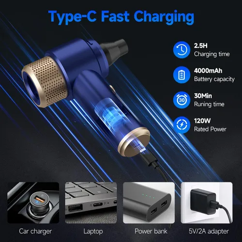 Vista 6 de Vizeusvac Aspiradora para Automóvil, 16000PA Mini Aspiradora para Auto Inalámbrica Potente, 7 en 1 Aspiradora de Mano Portátil Inalámbrica con Luz