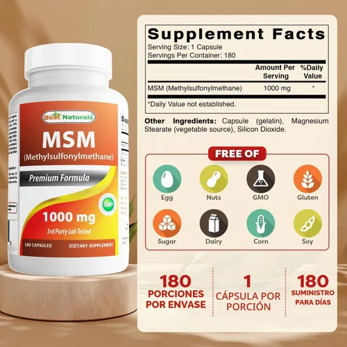Vista 2 de Best Naturals MSM 1000 mg 180 Cápsulas