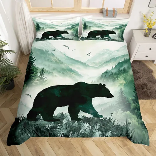 Vista 36 de Funda de edredón de oso de caza, tamaño individual, juego de ropa de cama rústica de animales del bosque para niños y niñas, funda de edredón a Oso