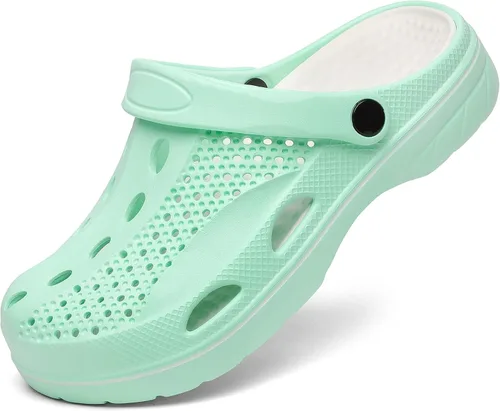 Vista 14 de SOSOWHLTE Zuecos con soporte de arco para hombre y mujer, zapatos de jardín, pantuflas de playa para exteriores con plantilla acolchada extraíble