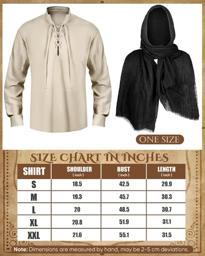 Vista 2 de Panitay Juego de 8 piezas de disfraz renacentista medieval para hombre, camisa vikinga, pantalón, cinturón, cabo, bolsa de espada