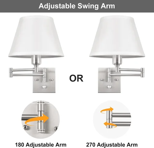 Vista 7 de TRLIFE Aplique de pared enchufable, juego de 2 lámparas de pared regulables con brazo oscilante de níquel cepillado, cable de enchufe y interruptor