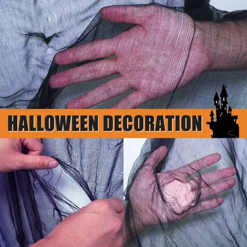 Vista 3 de Zesliwy Paño espeluznante negro espeluznante de Halloween: 85 * 394 pulgadas gasa gigante de miedo gasa para fiesta temática de Halloween, hoouse