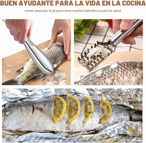Vista 5 de 3 piezas de raspador de pescado removedor limpiador de pescado raspador cepillo con dientes de sierra de acero inoxidable quitar fácilmente escamas