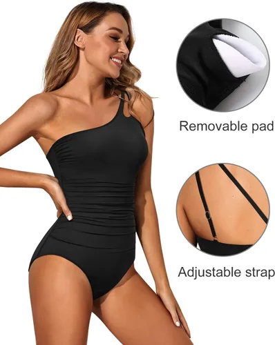 Vista 4 de Women's One Shoulder One Piece Tummy Control Swimsuit Full Coverage Diseño de ojo de cerradura, ajuste de cobertura completa, estilo modesto Negro