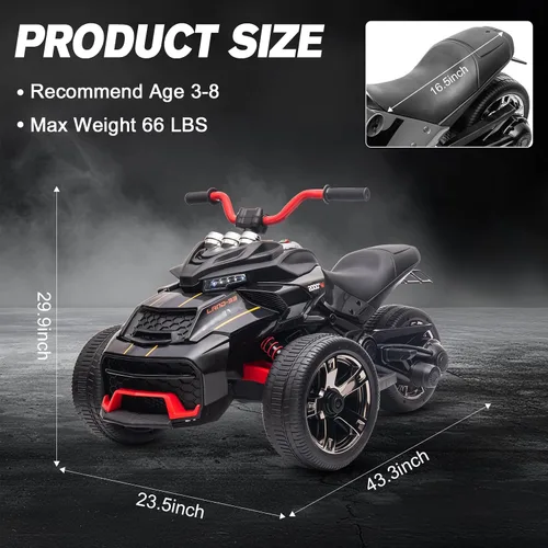 Vista 7 de Motocicleta eléctrica para niños de 12 V, rueda eléctrica de 3 ruedas, con luces LED, neumáticos EVA, velocidad alta y baja, bocina, música, negro
