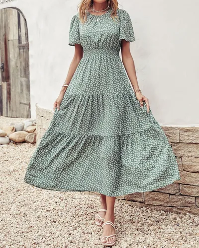 Vista 2 de Prettygarden - Vestido largo de manga corta con cuello redondo y cintura elástica fruncida para mujer, vestido de verano bohemio, floral