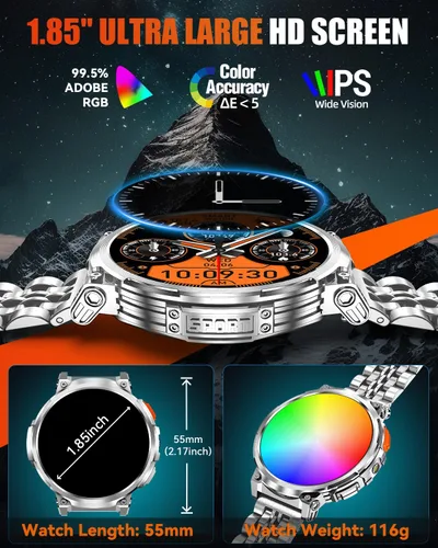 Vista 3 de Relojes inteligentes militares para hombres con llamada Bluetooth, pantalla HD de 1.85 pulgadas, reloj inteligente impermeable con linterna, 114