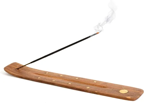 Vista 8 de Soporte de incienso de madera para palos con incrustaciones de luna creciente de latón de 10 pulgadas de largo