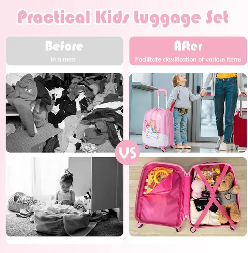 Vista 3 de BABY JOY Juego de equipaje para niños de 2 piezas, maleta de mano de 16 pulgadas y mochila de 12 pulgadas, estuche de viaje para niños con 4 ruedas