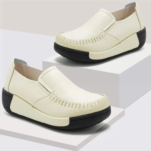 Vista 18 de UZB Mocasines de cuero sin cordones para mujer, cómodos zapatos de plataforma casuales