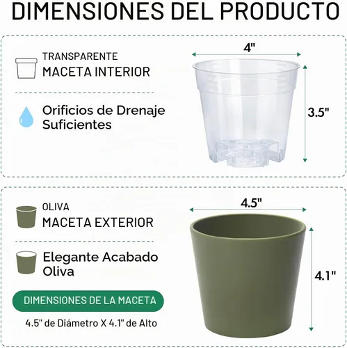 Vista 3 de Phoenix Vine Macetero de plástico verde oliva de 4.5 pulgadas con maceta transparente, cubierta decorativa ligera con maceta interior transparente