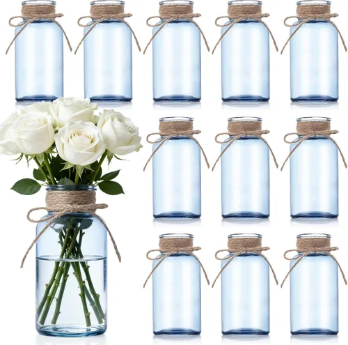 Vista 10 de Jarrones de cristal para centros de mesa, jarrones cilíndricos bohemios en tarros de masón a granel para bodas, fiestas de granja y decoración Azul