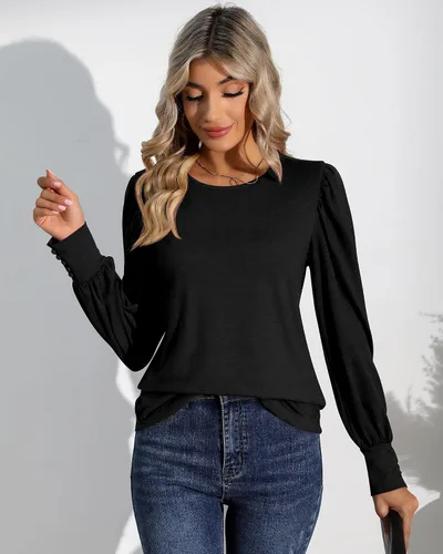 Vista 4 de Riyiper 2 piezas de camisetas de manga larga abombadas para mujer, estilo casual, holgadas, cuello redondo, puños con botón