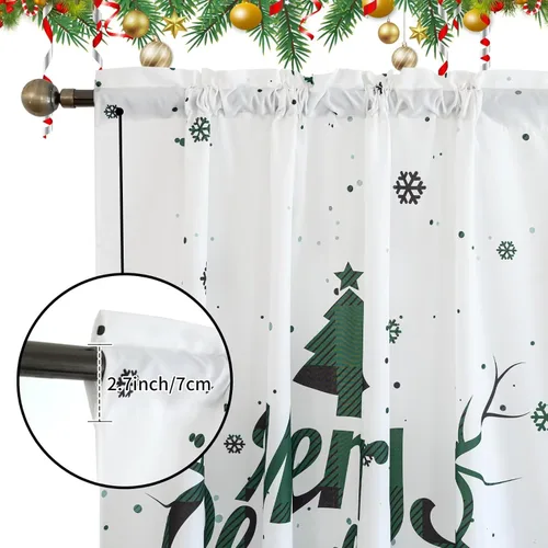Vista 3 de Cortinas navideñas para sala de estar, cortina de ciervo de Navidad a rayas tartán, bolsillo para barra, cortinas decorativas para dormitorio
