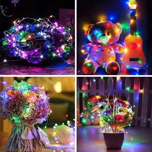 Vista 6 de Paquete de 12 luces de hadas con pilas, 7 pies, 20 luces LED, impermeables, alambre plateado, luces de Navidad para decoración al aire libre, mini