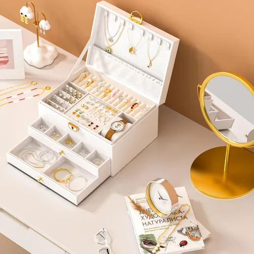 Vista 4 de Joyero de 3 capas, cajas grandes de joyería para mujeres, organizador y almacenamiento, estilo moderno, blanco y dorado, regalos de Navidad